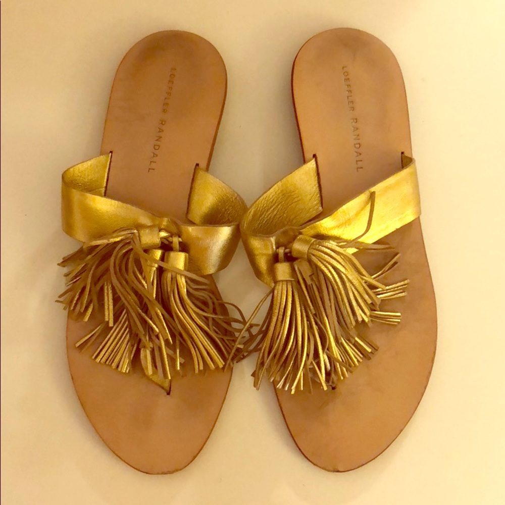 Gold Loeffler Randall tassel sandals, size 8